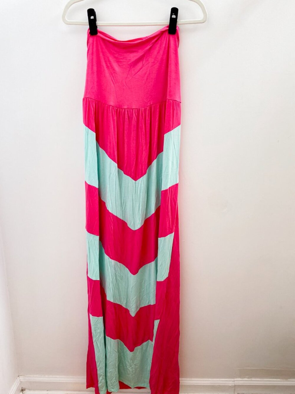 NWT Design History Pink and Blue Chevron Printed Strapless Maxi Dress XLarge